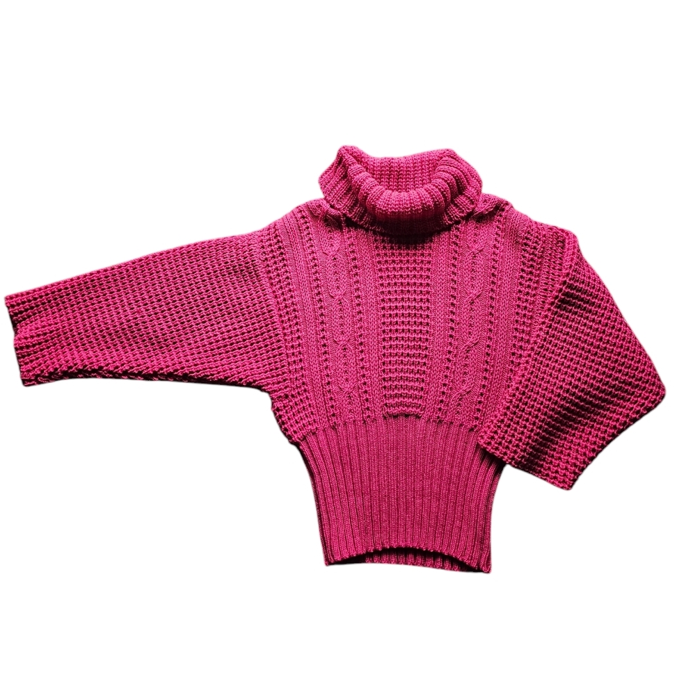 CORNEL WOOL Scandi Vtg Hand loomed Ireland Pink‎ Cable Chunky Knit Sweater S-M